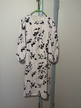 White Floral Midi Dress with Balloon Sleeves